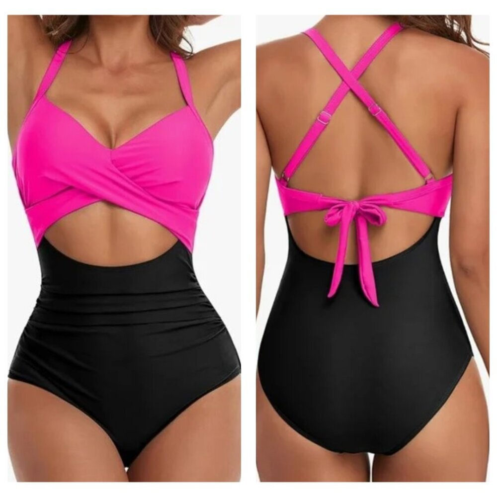 One Piece Swimsuit Tummy Control Cutout High Waisted Back Hot Pink Black L